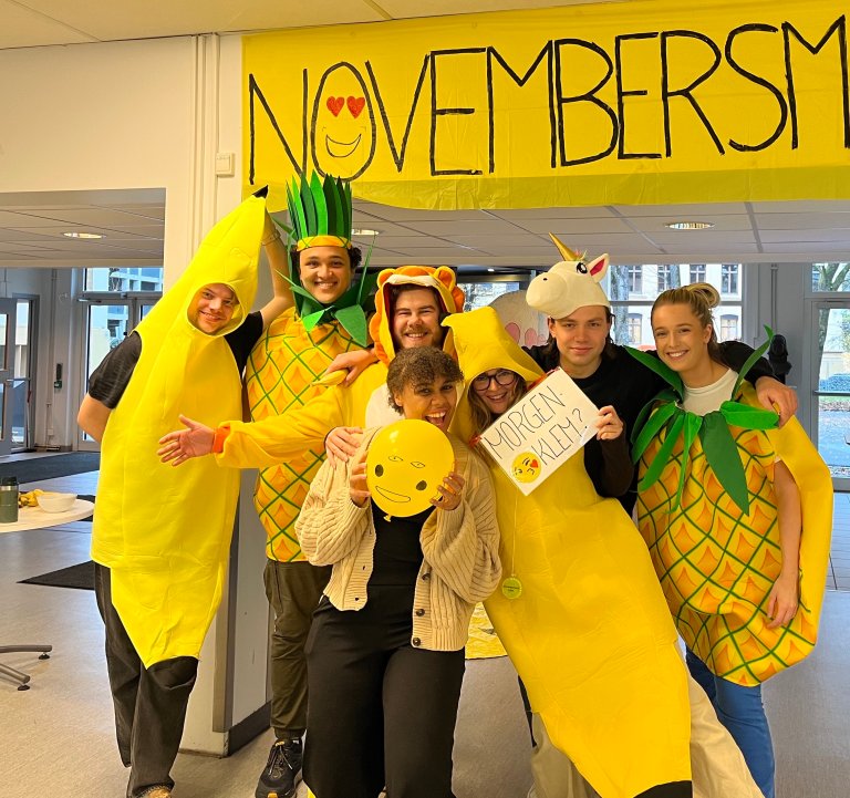 Studenter med banan- og ananaskostymer, banner med teksten "Novembersmil", studenter holder gul ballong og skilt med teksten "morgenklem?"