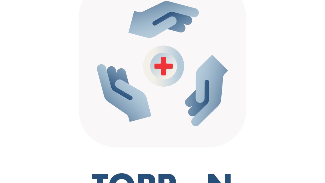 Logo til TOPP-N. Tre hender i sirkel rundt en knapp med et helsesymbol.