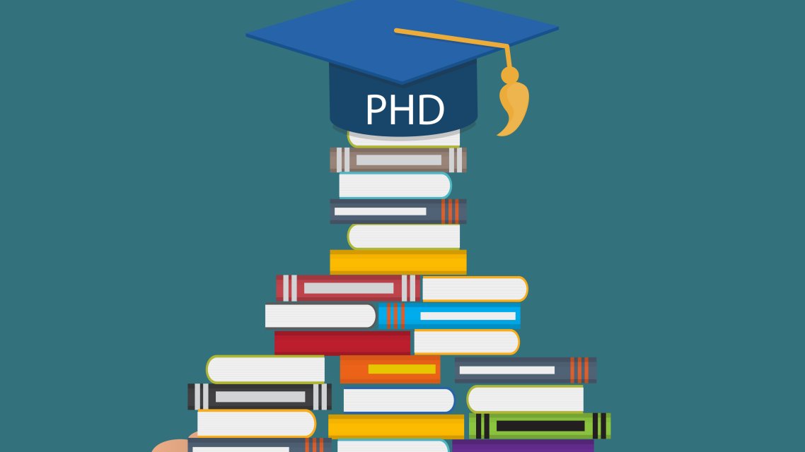 Illustrasjon av hånd med bokstabel med graduation hatt hvor det står "phd" på toppen