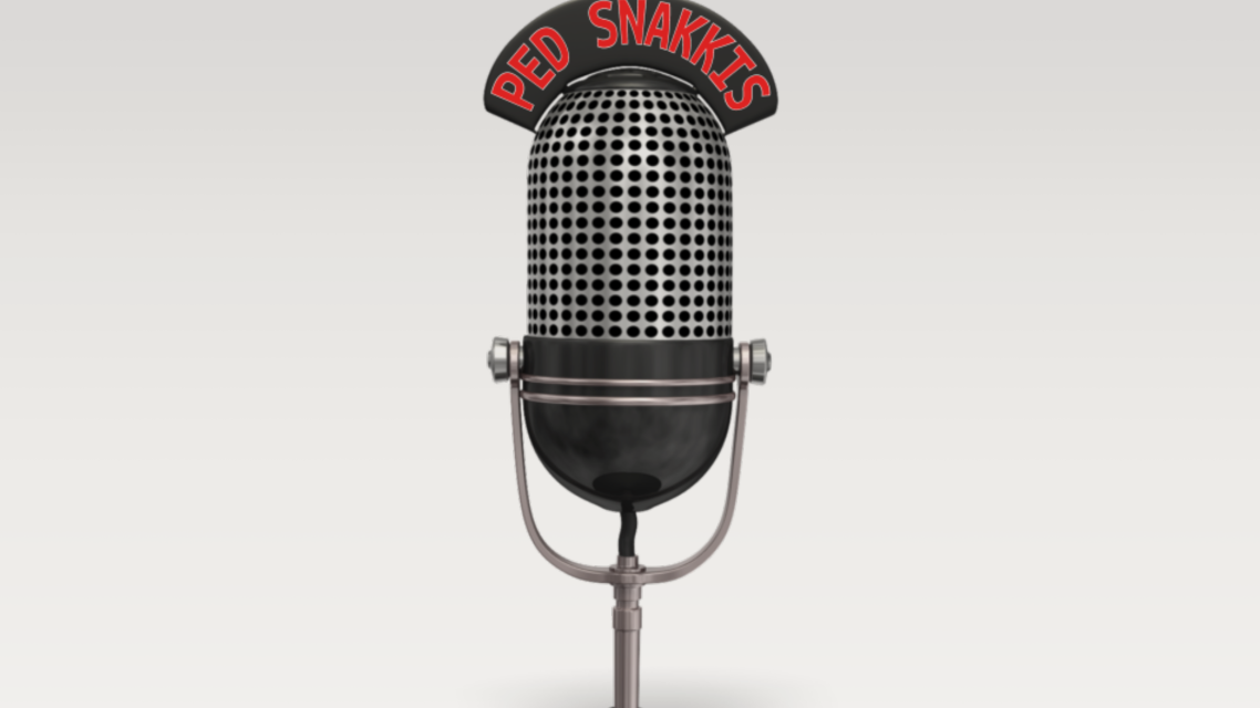 Podkast-logo. En mikrofon med teksten "ped snakkis" med LDH-logo.