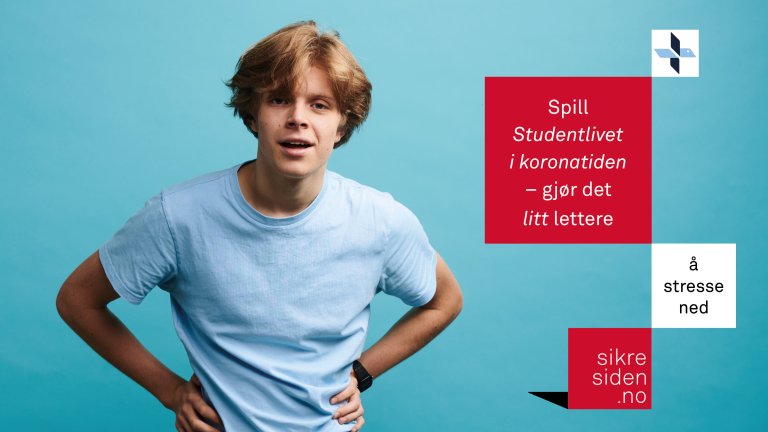 Gutt med hendene på hoftene og teksten "Spill studentlivet i koronatiden - gjør det litt lettere"